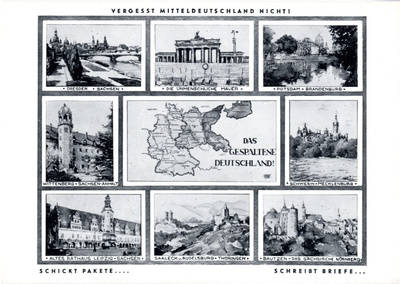 Gezeichnete Karte mit acht Sehenswürdigkeiten der DDR und einer Karte vom Vorkriegs-Deutschland