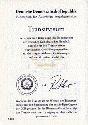 Transitvisum zur einmaligen Reise durch die DDR über die für den Transitverkehr zugelassenen Grenzübergangsstellen