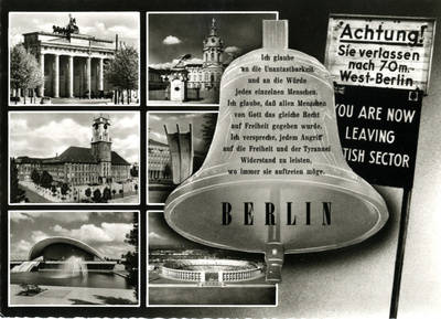 Sechs Sehenswürdigkeiten Berlins mit gezeichnete Freiheitsglocke und geschriebenem Freiheitsgelöbnis
