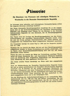 Merkblatt mit Hinweisen für Einreisen von Personen mit ständigem Wohnsitz in West-Berlin in die DDR