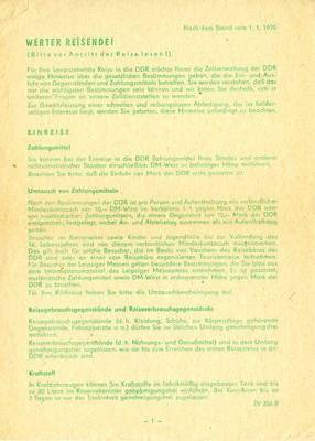Merkblatt mit Hinweisen für Reisende in die DDR von 1970
