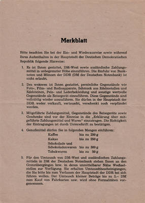 Merkblatt zur Ein- und Ausreise in die bzw. aus der DDR