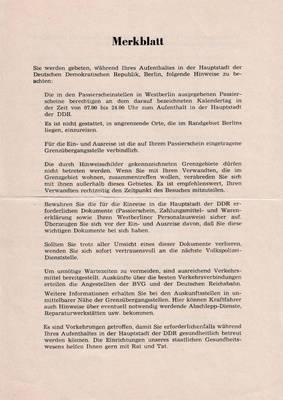Merkblatt für Besucher der DDR mit Hinweisen zum Aufenthalt in der DDR