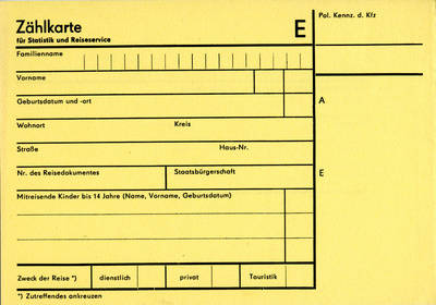 Zählkarte (blanko) und Antrag (blanko) für eine Reise ins Auslanf für Bürger der DDR