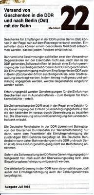 Merkblatt 22 - Versand von Geschenken in die DDR und nach Berlin (Ost) mit der Bahn