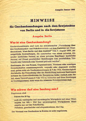 Merkblatt mit Hinweisen für Geschenksendungen in den Sowjetsektor von Berlin und in die Sowjetische Zone, Ausgabe Berlin