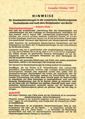 Merkblatt mit Hinweisen für Geschenksendungen in die sowjetische Besatzungszone Deutschlands und in den Sowjetsektor von Berlin, Ausgabe Berlin