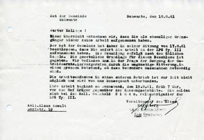 Schreiben des Rates der Gemeinde Schwante an Klaus Kowald