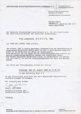 Einladung zur Ehrung von Lieselotte Berger zur Frau des Jahres 1986