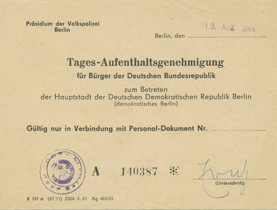 Tages-Aufenthaltsgenehmigung für Ost-Berlin;