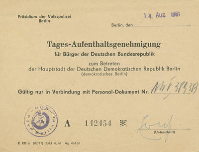 Tages-Aufenthaltsgenehmigung für Ost-Berlin