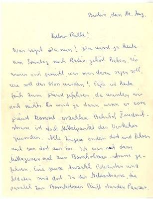 Brief von Annemarie Hoppe an Rudolf Hoppe direkt nach dem Mauerbau;