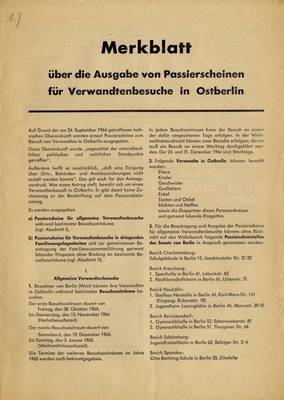 Merkblatt über die Ausgabe von Passierscheinen für Verwandtenbesuche in Ost-Berlin von 1964