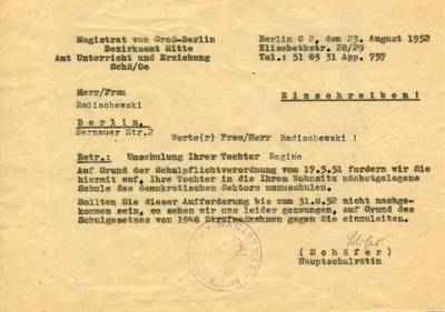 Schreiben des Magistrats von Groß-Berlin an den Vater von Regine Hildebrandt geb. Radischewski