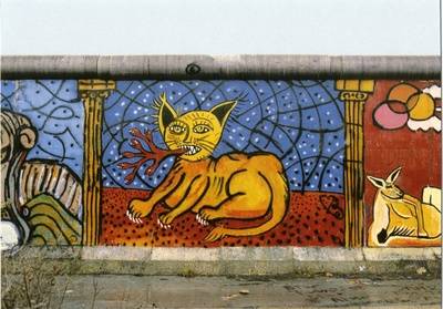 Mauerkunst mit Katze an der Grenzmauer 75 am Bethaniendamm