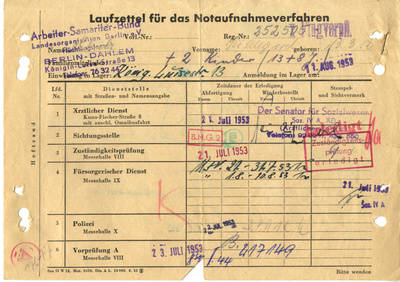 Laufzettel für das Notaufnahmeverfahren von Hildegard Schulz
