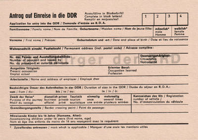Antragsformular (blanko) auf Einreise in die DDR für Bürger der Bundesrepublik Deutschland