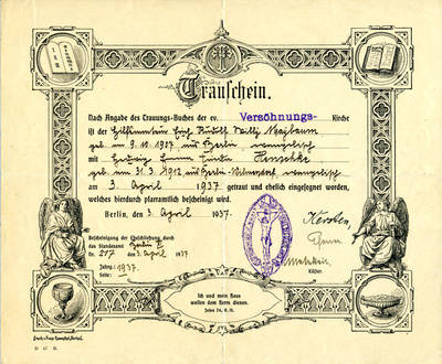 Heiratsurkunde von Erich Maÿbaum und Hedwig Henschke in der Versöhnungskirche in Berlin von 1937