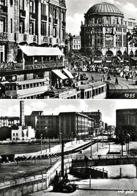 Zweigeteilte Postkarte mit historischer und Aufnahme des Potsdamer Platz mit Grenzanlagen