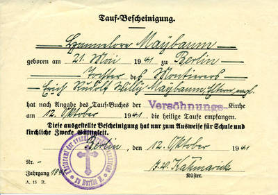 Taufschein der Versöhnungskirche in Berlin für Hannelore Maÿbaum von 1941;