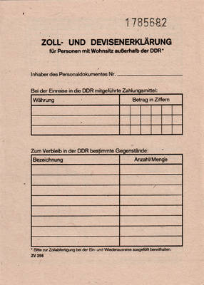 Zoll- und Devisenerklärung (blanko) für Personen mit Wohnsitz außerhalb der DDR